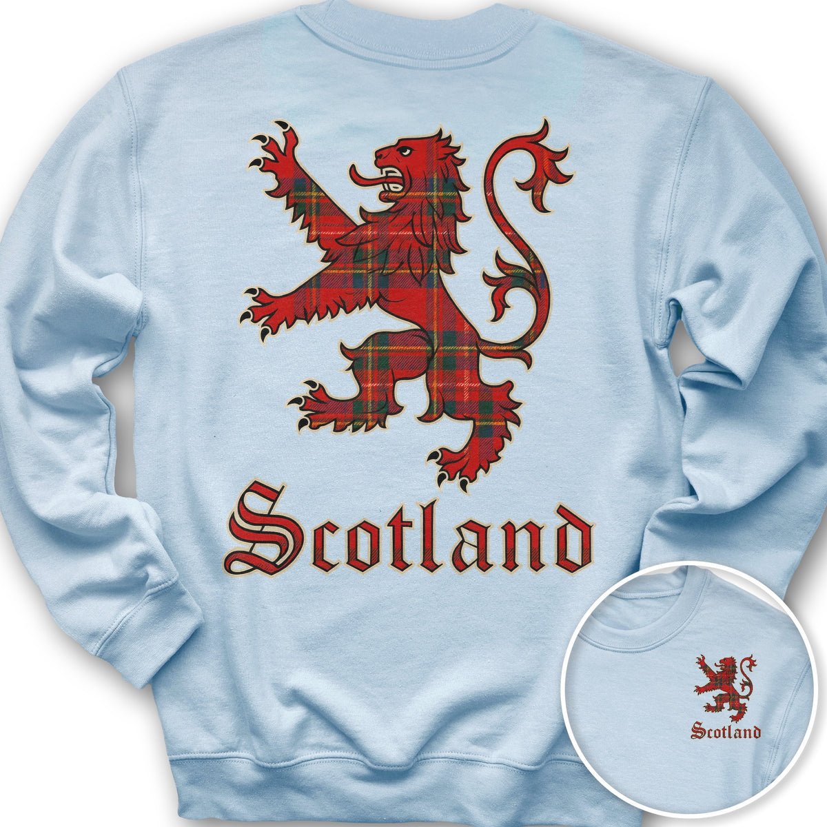 Scotland Tartan Lion Front/Back Print Sweatshirt - Light Blue