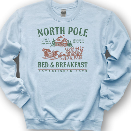 North Pole Bed and Breakfast Vintage Print Sweatshirt - Light Blue