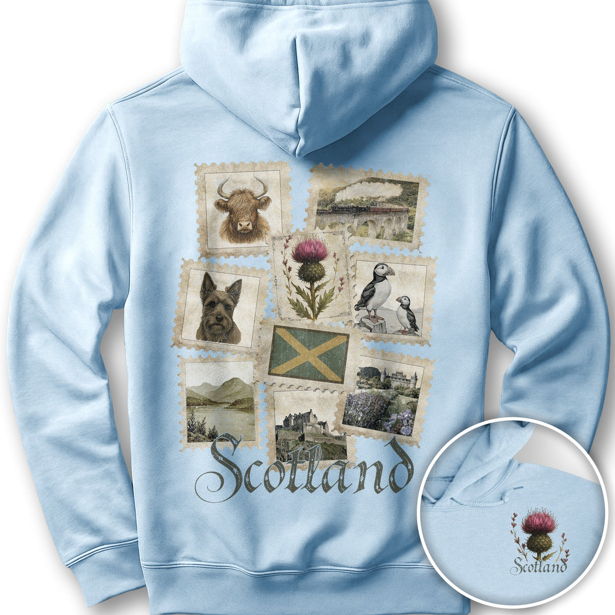Scotland Vintage Stamps Front/Back Print Hoodie - Light Blue