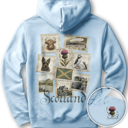 Scotland Vintage Stamps Front/Back Print Hoodie - Light Blue