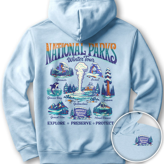 National Parks Winter Tour Front/Back Print Hoodie - Light Blue