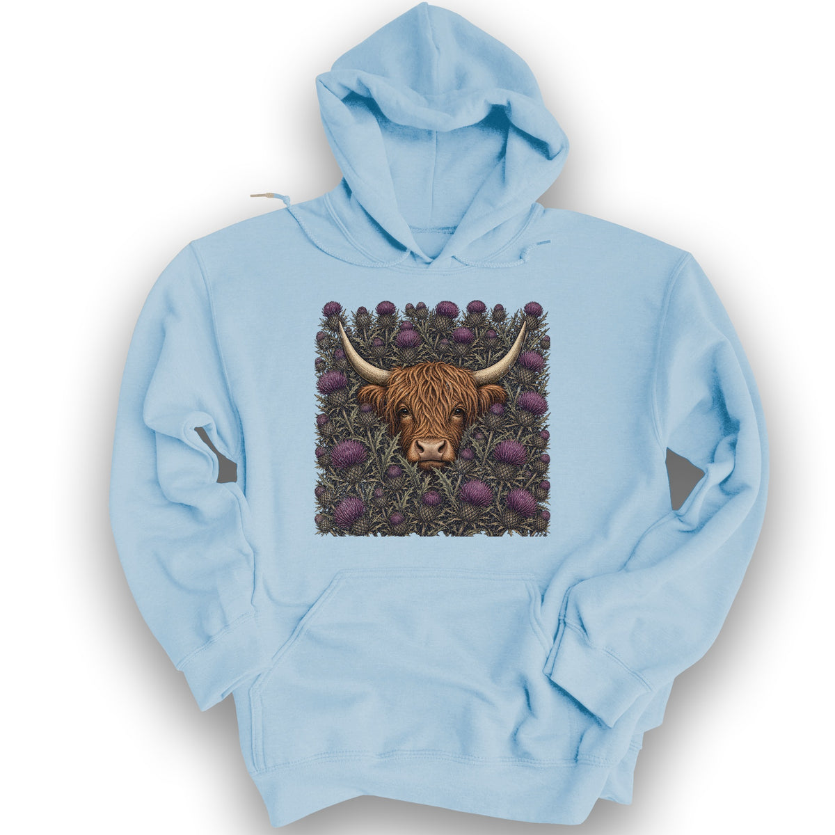 Highland Coo Thistle Hoodie - Light Blue