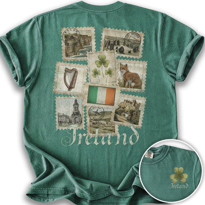 Ireland Vintage Stamps Front/Back Print T-Shirt - Light Green