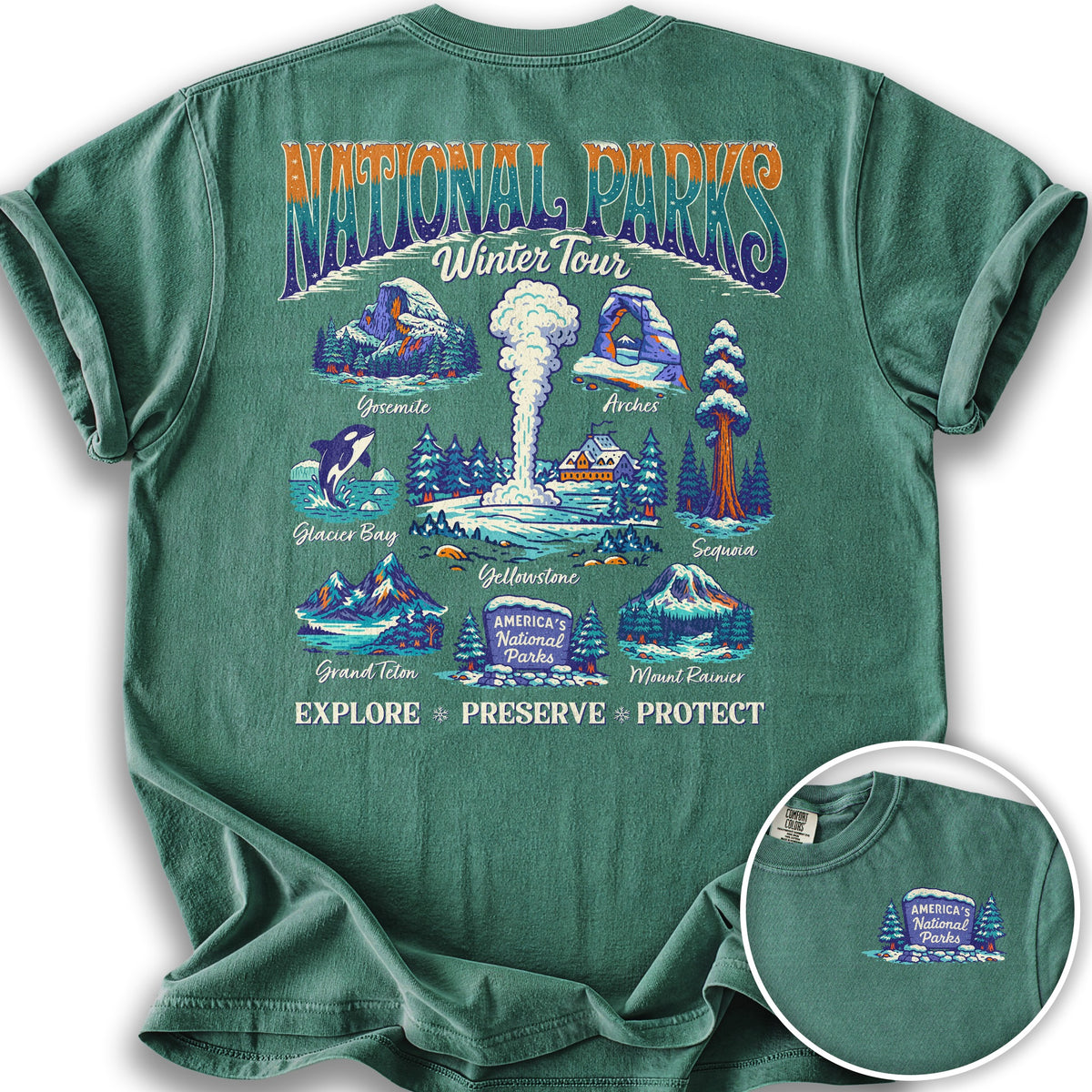 National Parks Winter Tour Front/Back Print T-Shirt - Light Green