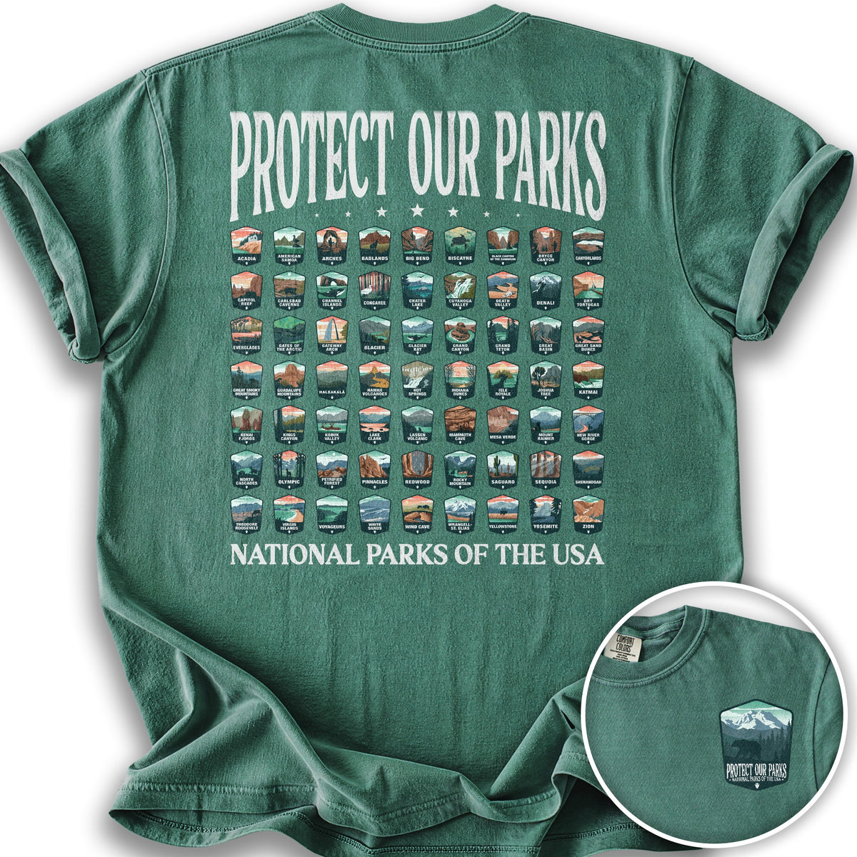 Protect our Parks Badges Front/Back Print T-Shirt - Light Green