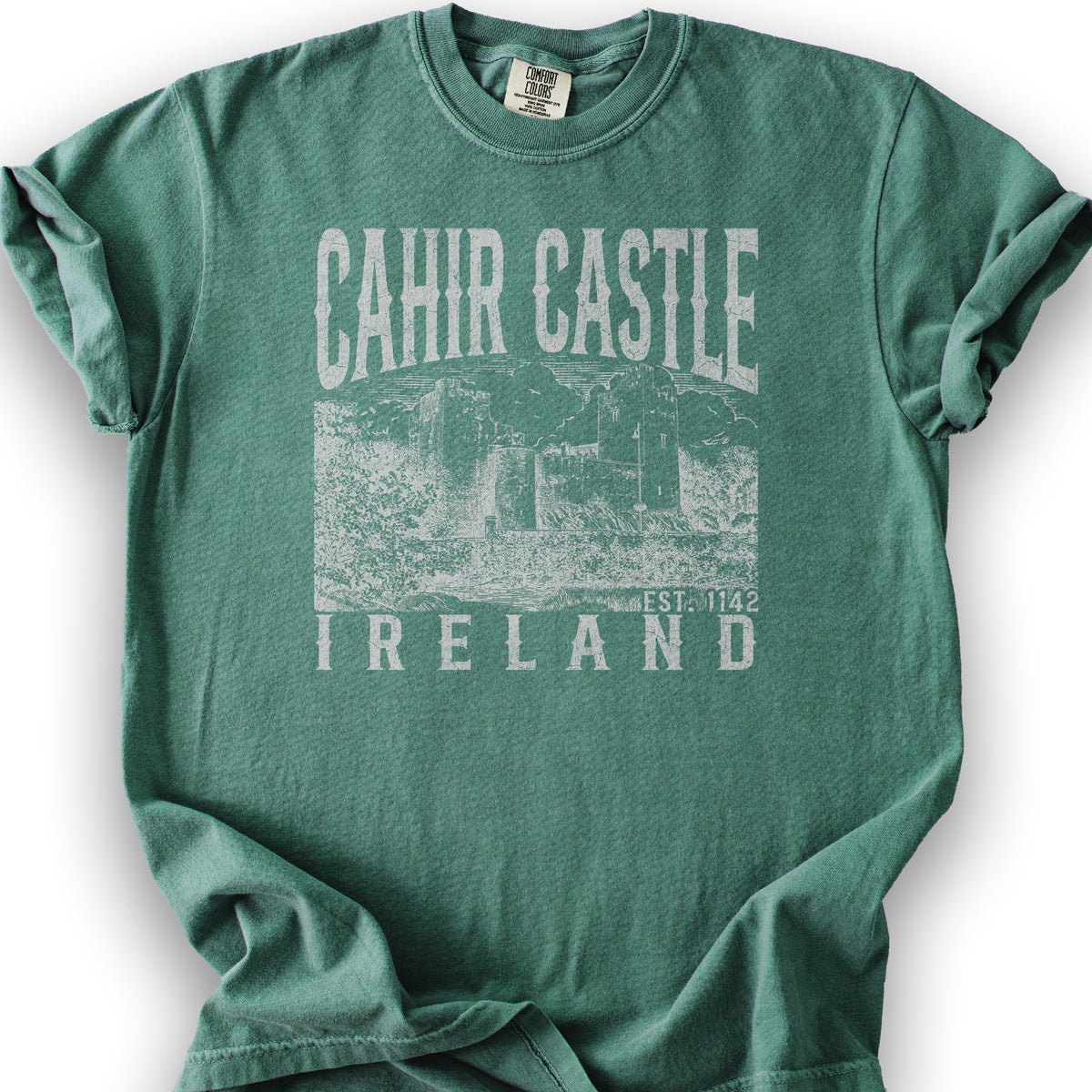 Cahir Castle Ireland Sketch T-Shirt - Light Green