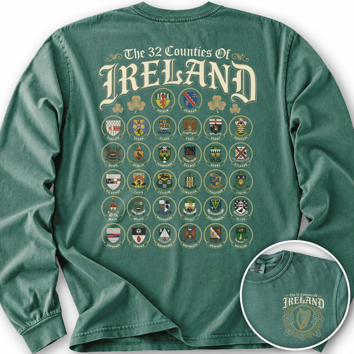 Ireland County Crests Front/Back Print Long Sleeve Shirt - Light Green