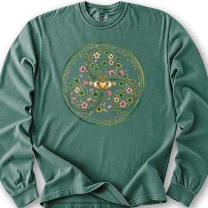 Claddagh Floral Triskele Long Sleeve Shirt - Light Green