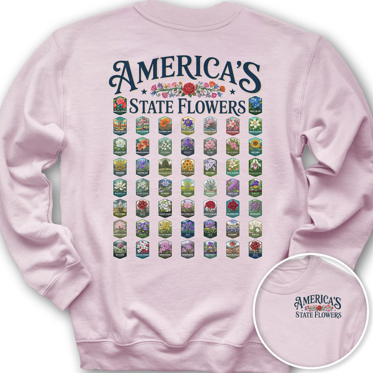 America's State Flowers Front/Back Print Sweatshirt - Light Pink