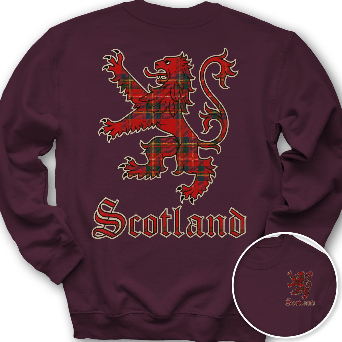 Scotland Tartan Lion Front/Back Print Sweatshirt - Maroon