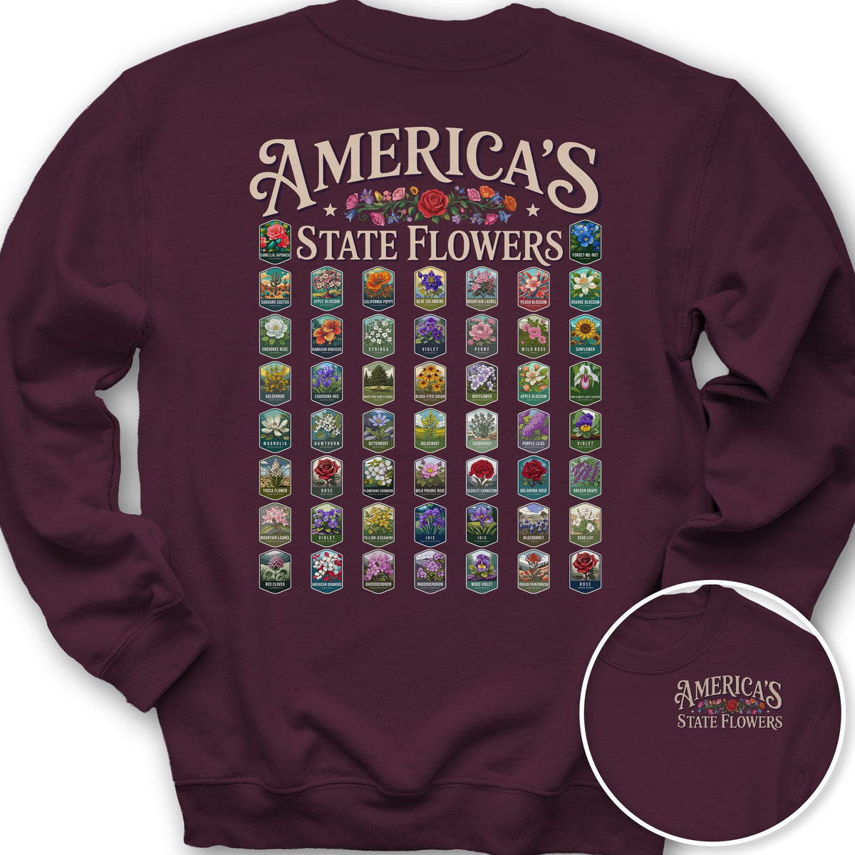 America's State Flowers Front/Back Print Sweatshirt - Maroon