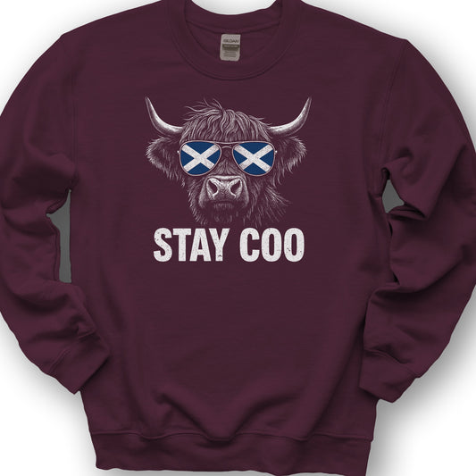 Stay Coo Highland Cow "Sunglasses" Sweatshirt - Maroon