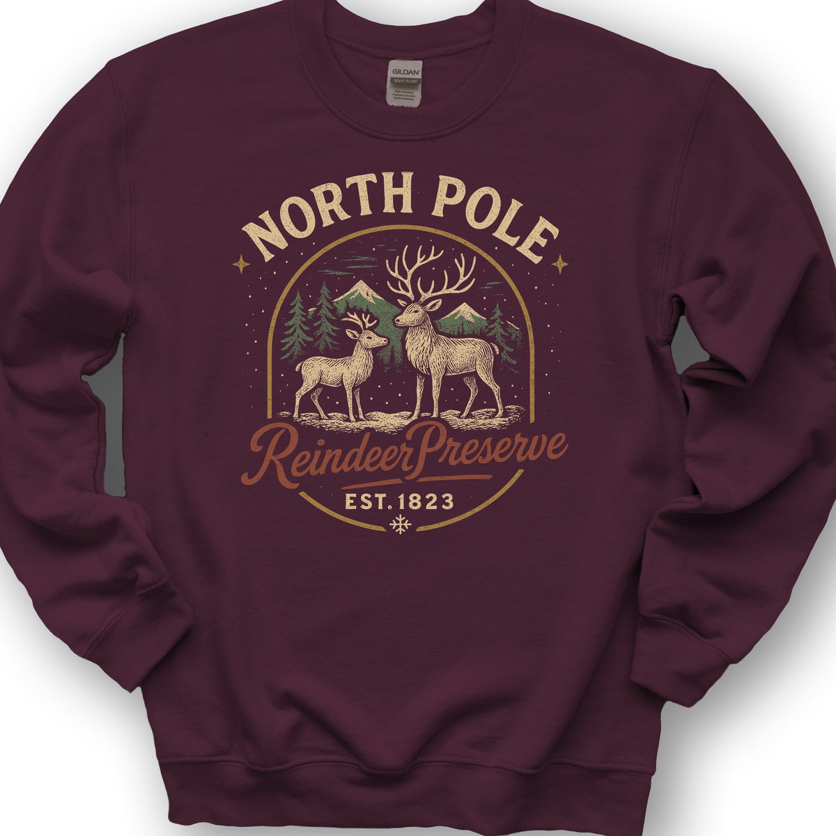 North Pole Reindeer Preserve Vintage Print Sweatshirt - Maroon