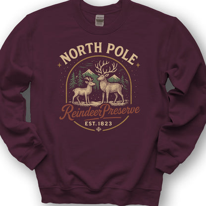 North Pole Reindeer Preserve Vintage Print Sweatshirt - Maroon