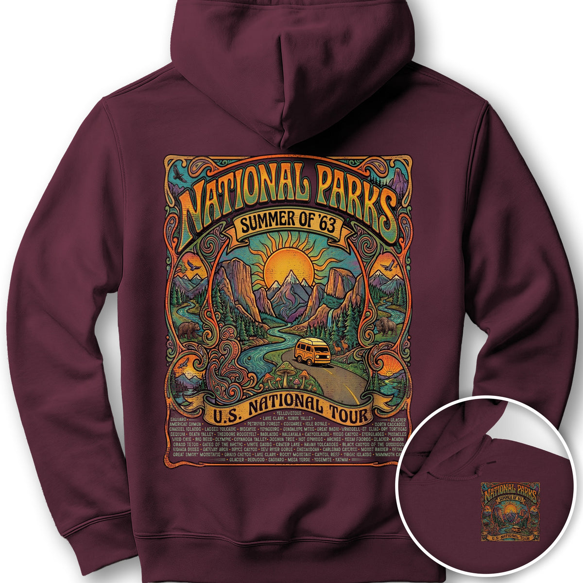 National Parks Summer Tour Front/Back Print Hoodie - Maroon