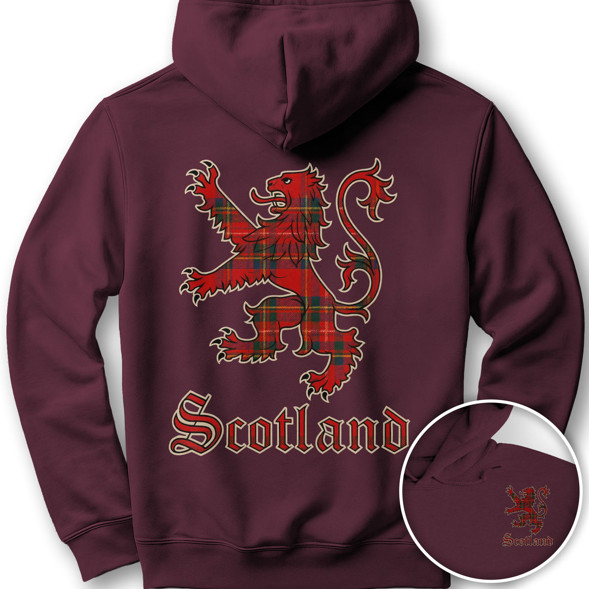 Scotland Tartan Lion Front/Back Print Hoodie - Maroon