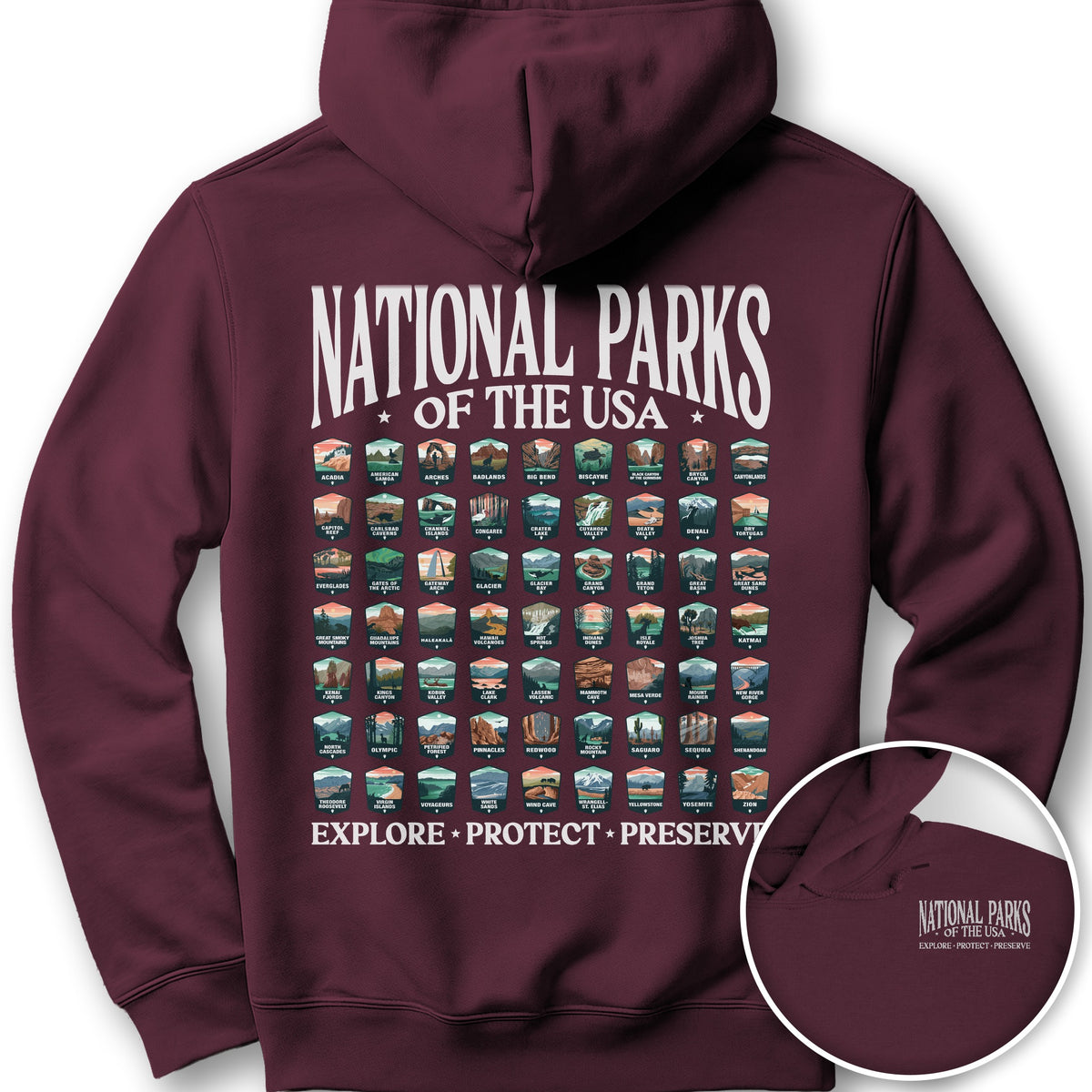 National Parks of the USA 63 Badges Front/Back Print Hoodie - Maroon