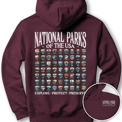 National Parks of the USA 63 Badges Front/Back Print Hoodie - Maroon