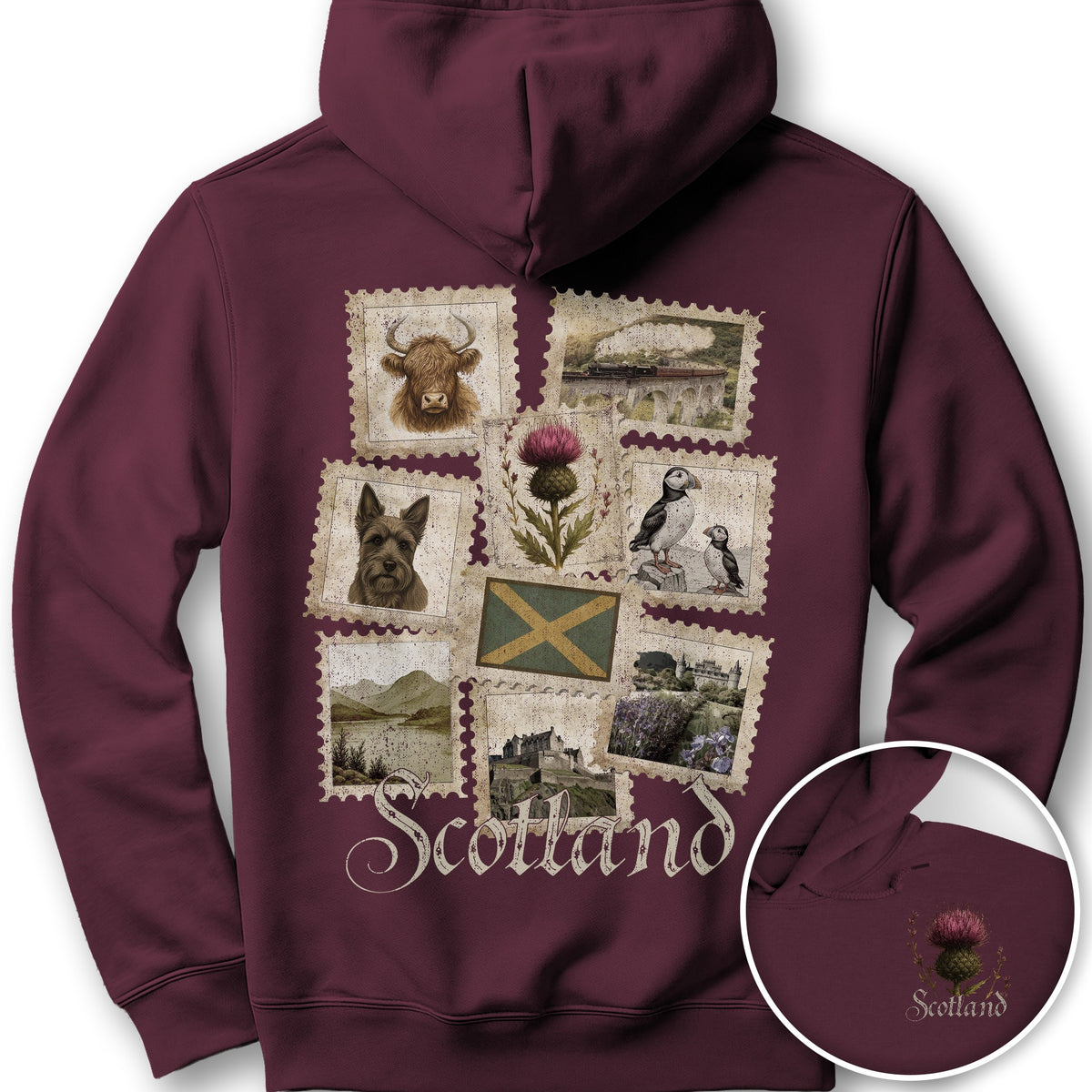 Scotland Vintage Stamps Front/Back Print Hoodie - Maroon