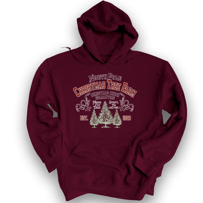 North Pole Christmas Tree Farm Vintage Print Hoodie - Maroon