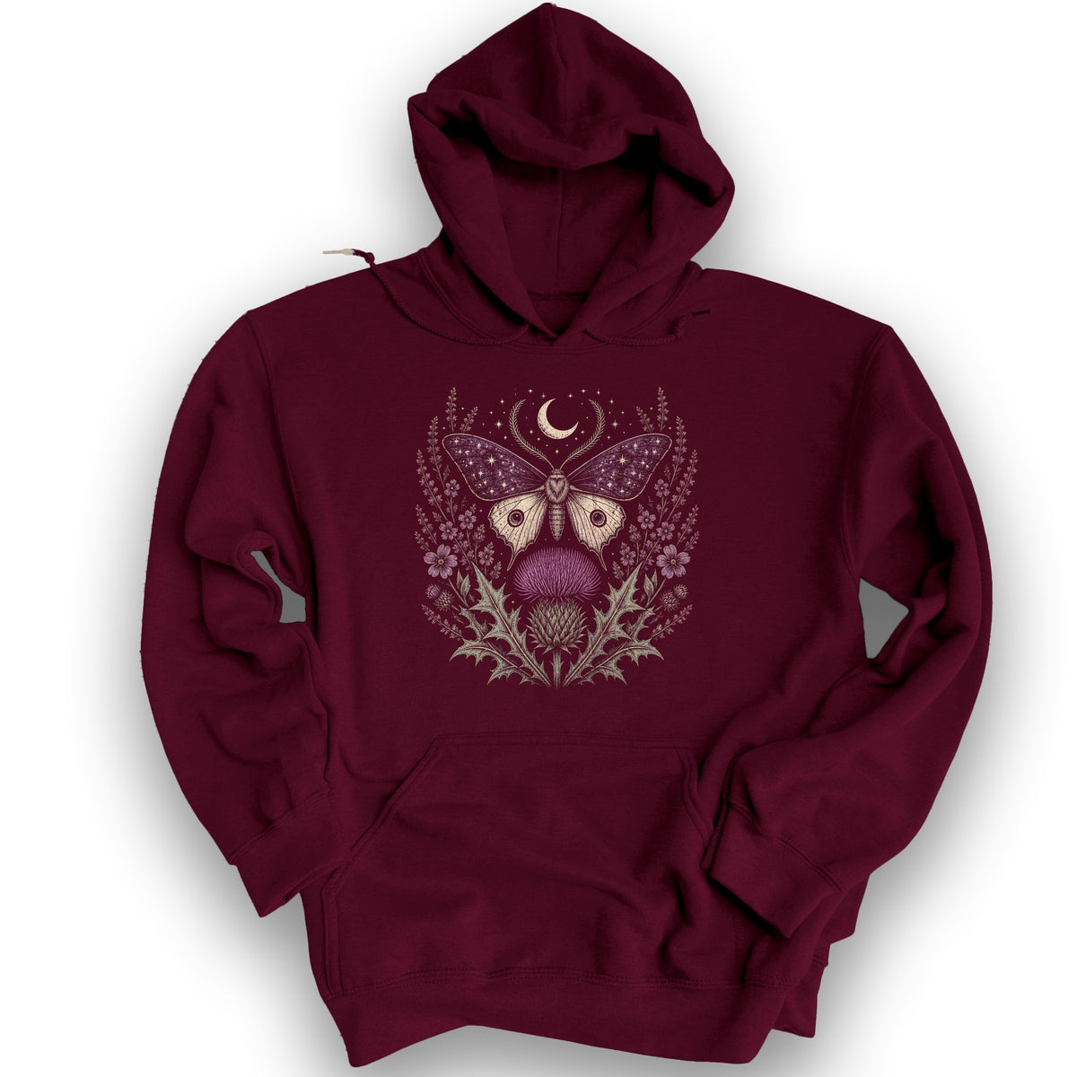 Crescent Thistle Moth Moon Hoodie - Maroon