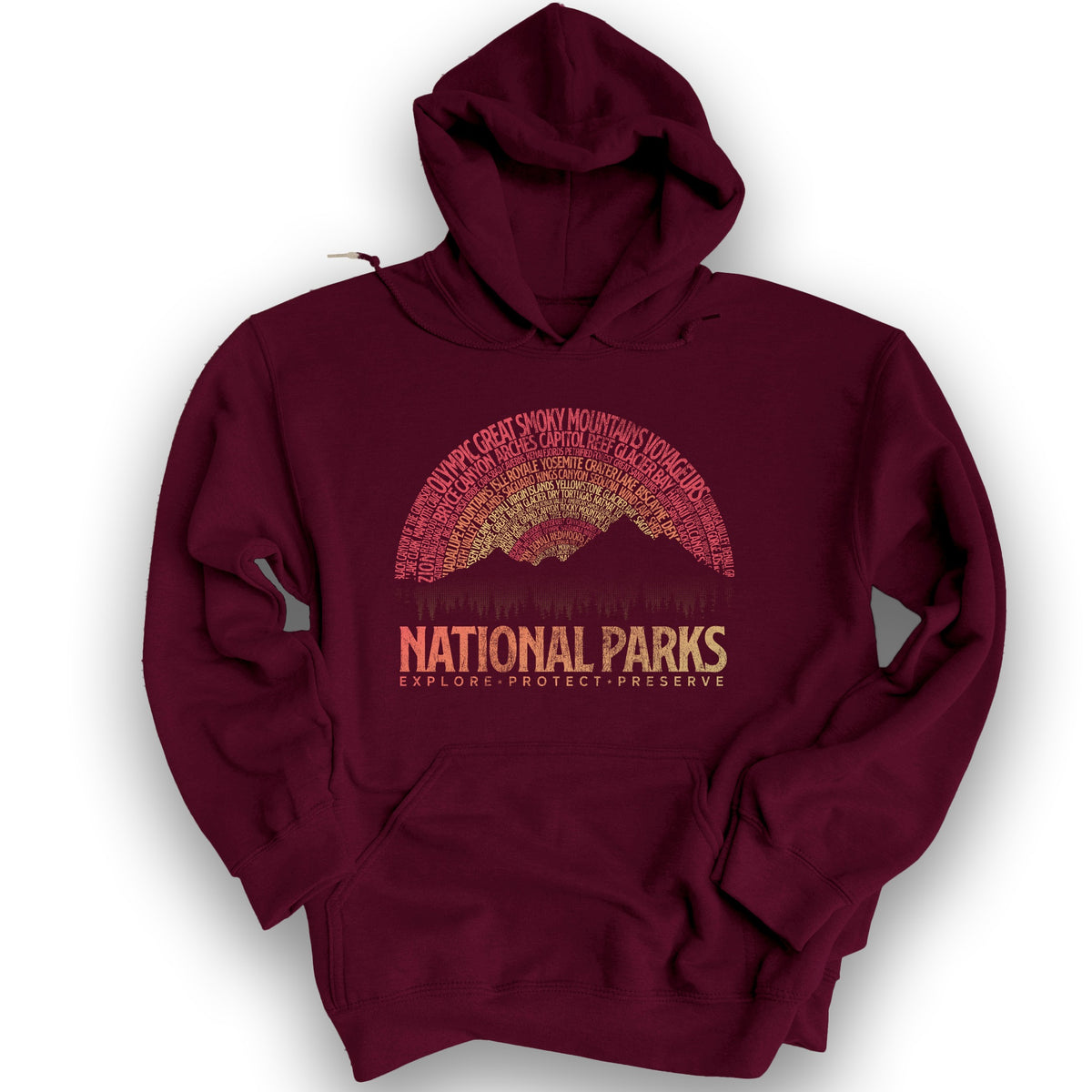 National Parks Word Art "Vintage Sunset" Hoodie - Maroon