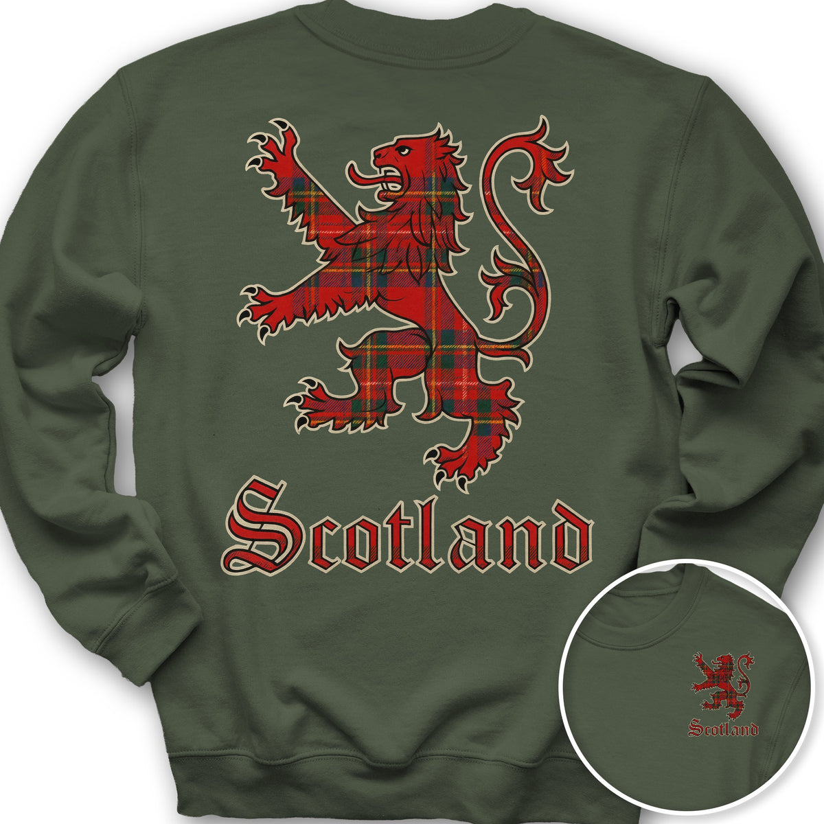 Scotland Tartan Lion Front/Back Print Sweatshirt - Military Green