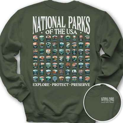 National Parks of the USA 63 Badges Front/Back Print Sweatshirt - Military Green