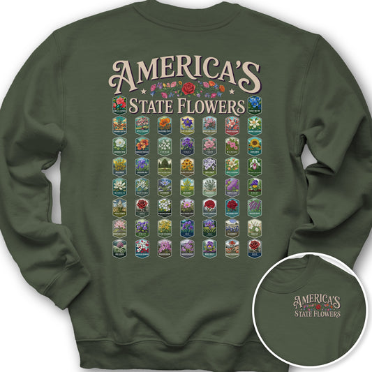 America's State Flowers Front/Back Print Sweatshirt - Military Green