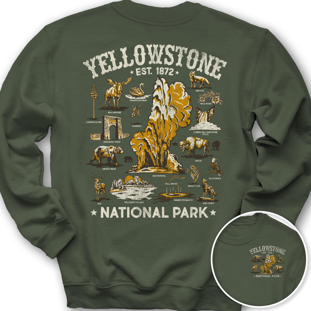Yellowstone National Park Vintage Front/Back Print Sweatshirt - Military Green