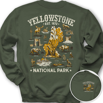 Yellowstone National Park Vintage Front/Back Print Sweatshirt - Military Green
