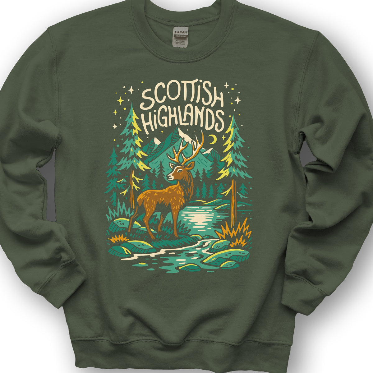 Scottish Highlands "Midnight Stag" Sweatshirt - Military Green