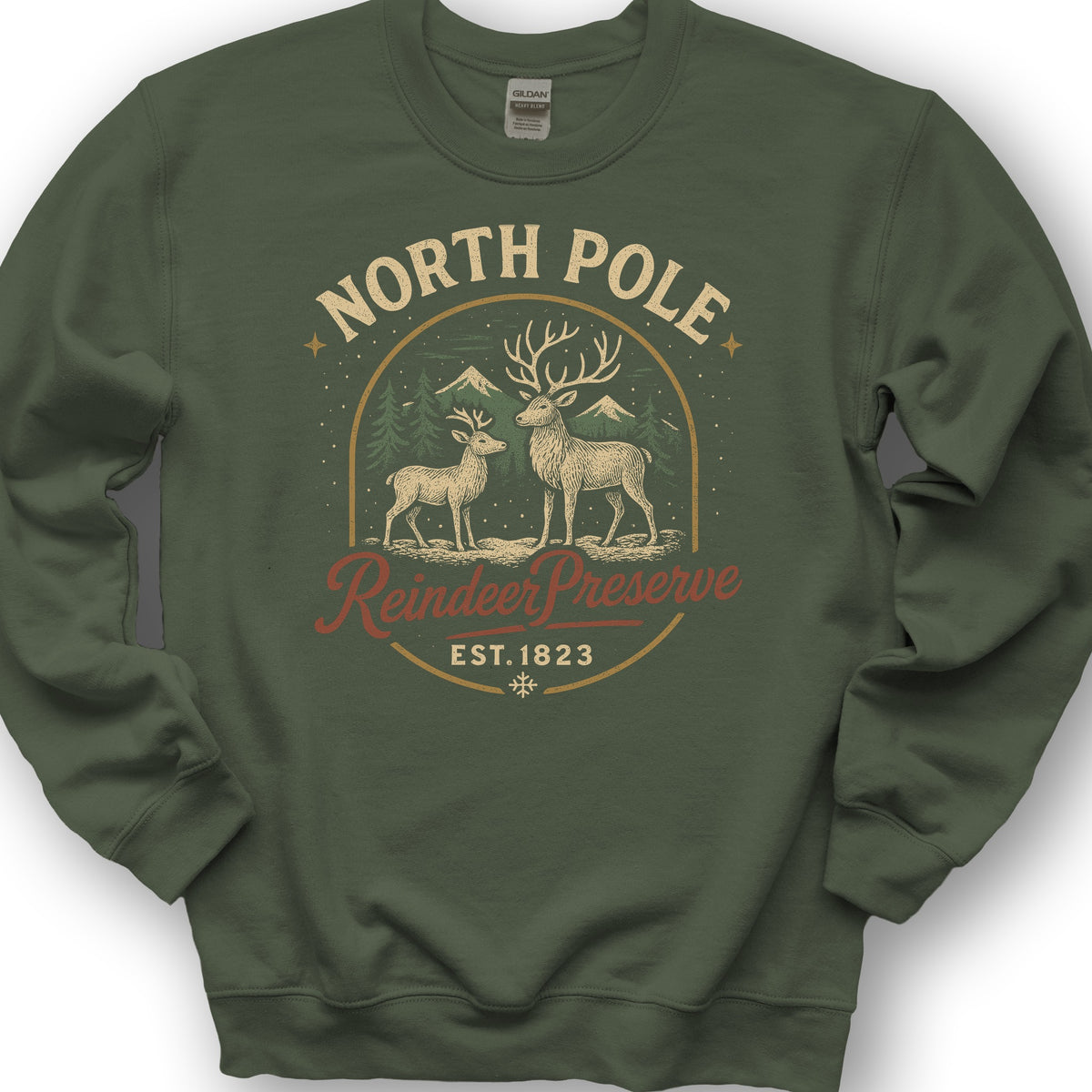 North Pole Reindeer Preserve Vintage Print Sweatshirt - Military Green