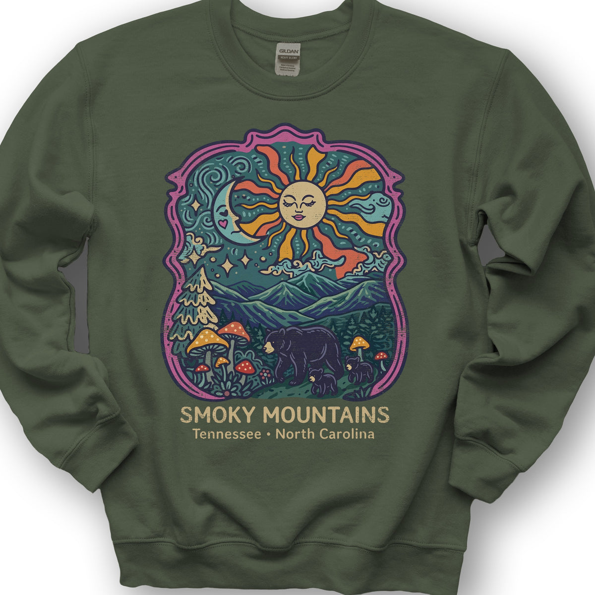 Smoky Mountains Groovy Bears Sweatshirt - Military Green
