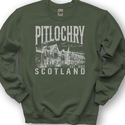 Pitlochry Scotland Sketch Sweatshirt - Military Green