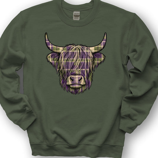 Scottish Highland Plaid Coo Sweatshirt - Military Green