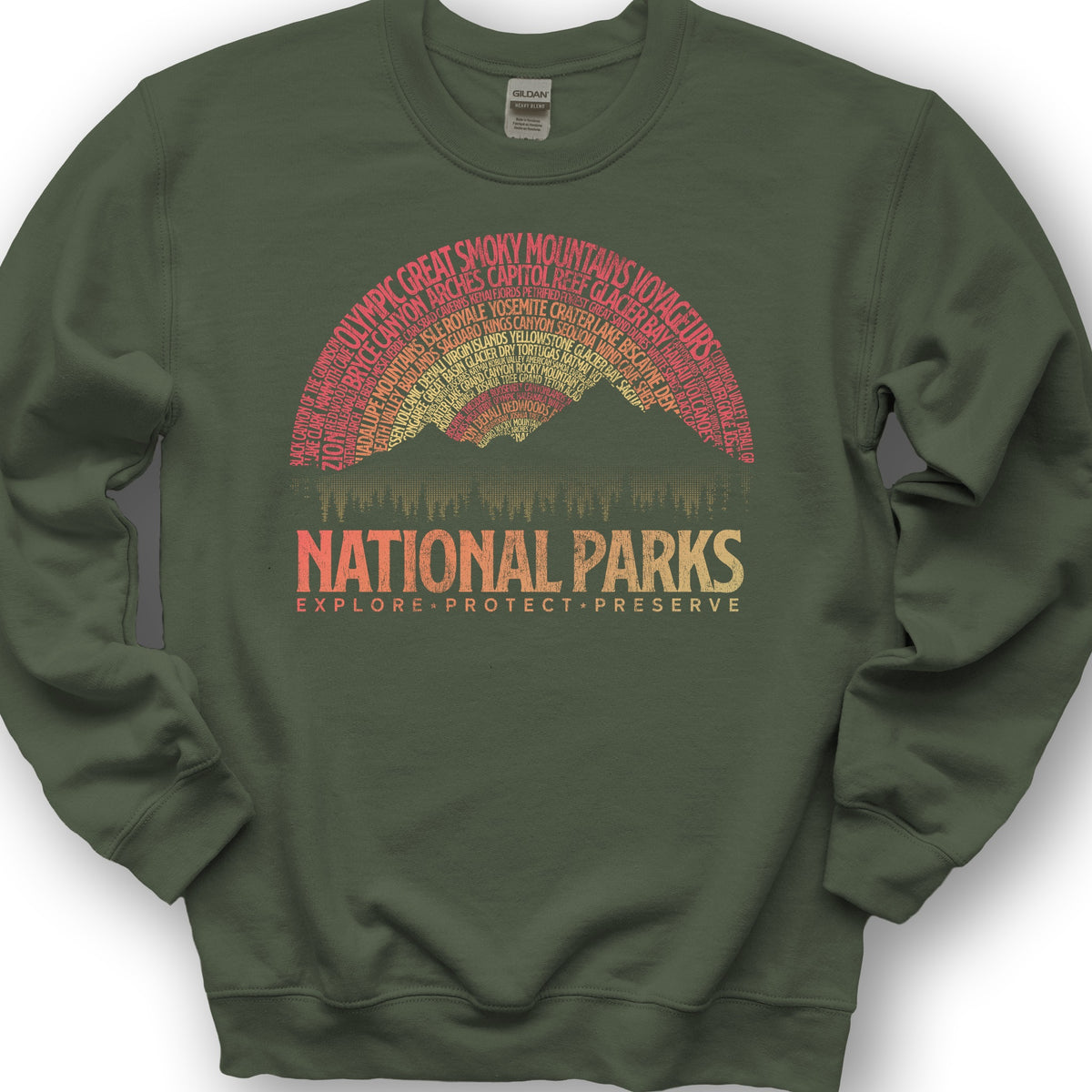 National Parks Word Art "Vintage Sunset" Sweatshirt - Military Green