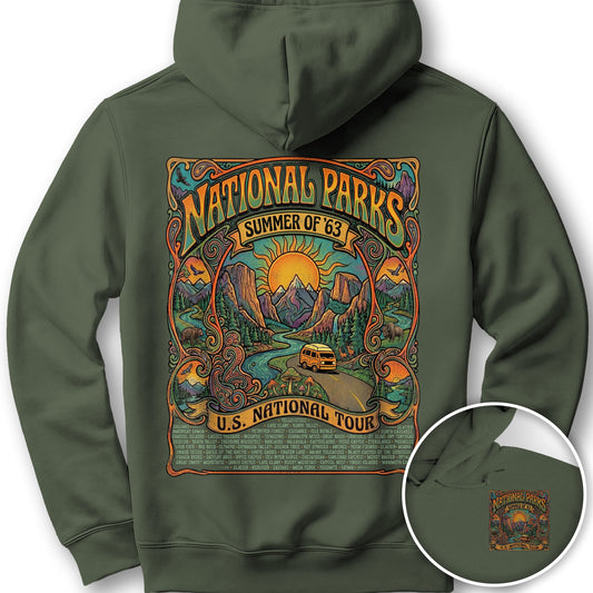 National Parks Summer Tour Front/Back Print Hoodie - Military Green