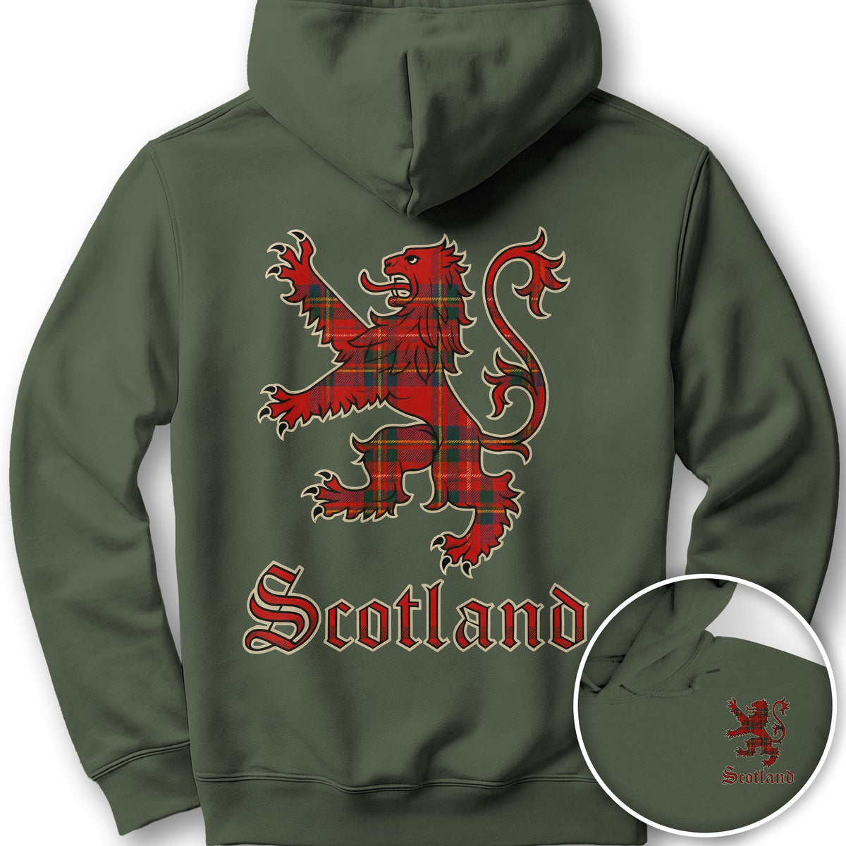 Scotland Tartan Lion Front/Back Print Hoodie - Military Green