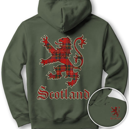 Scotland Tartan Lion Front/Back Print Hoodie - Military Green