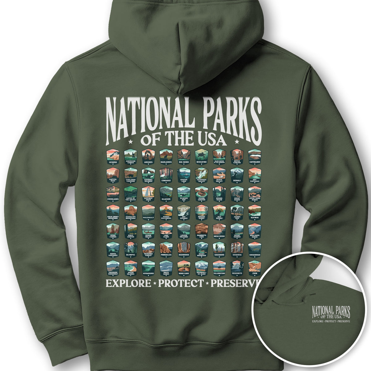 National Parks of the USA 63 Badges Front/Back Print Hoodie - Military Green
