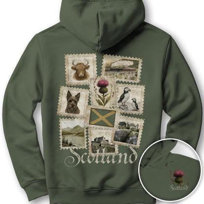 Scotland Vintage Stamps Front/Back Print Hoodie - Military Green