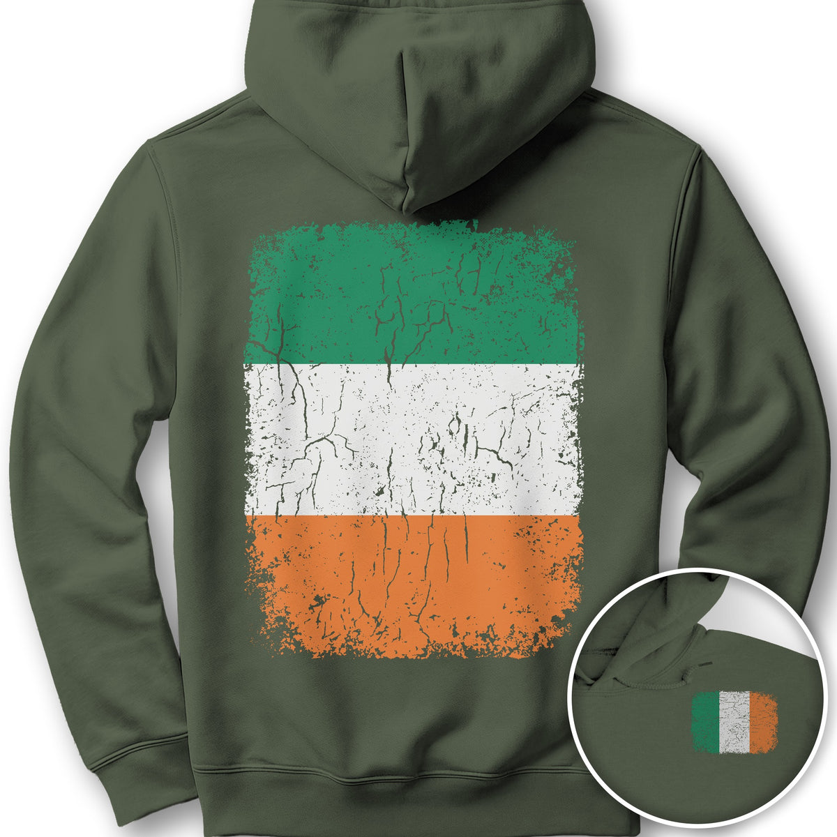 Ireland Distressed Flag Front/Back Print Hoodie - Military Green