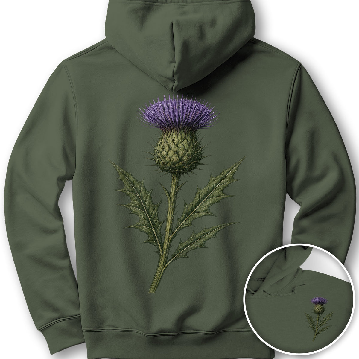 Thistle of Scotland Front/Back Print Hoodie - Military Green