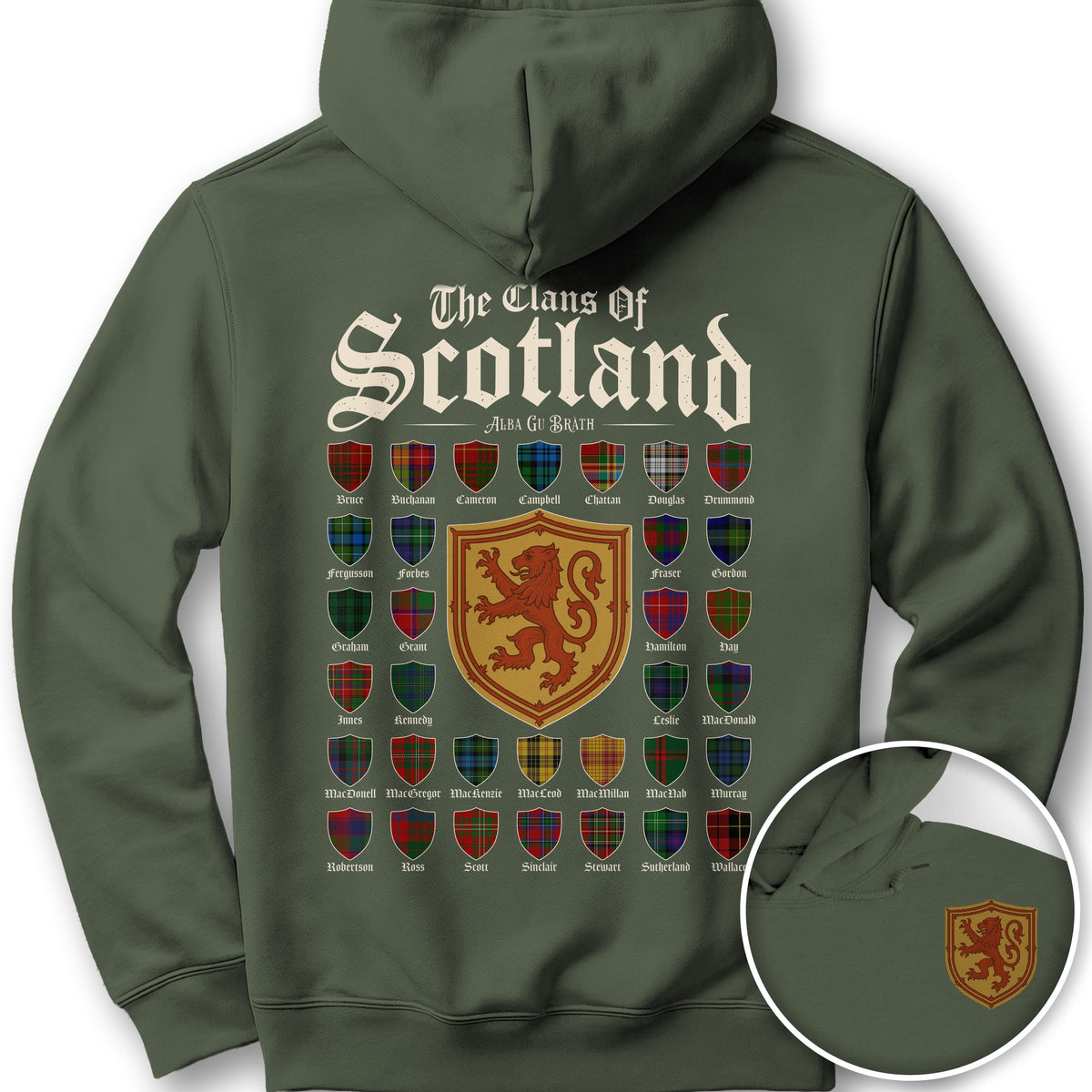 Clans of Scotland "Tartans"Front/Back Print Hoodie - Military Green