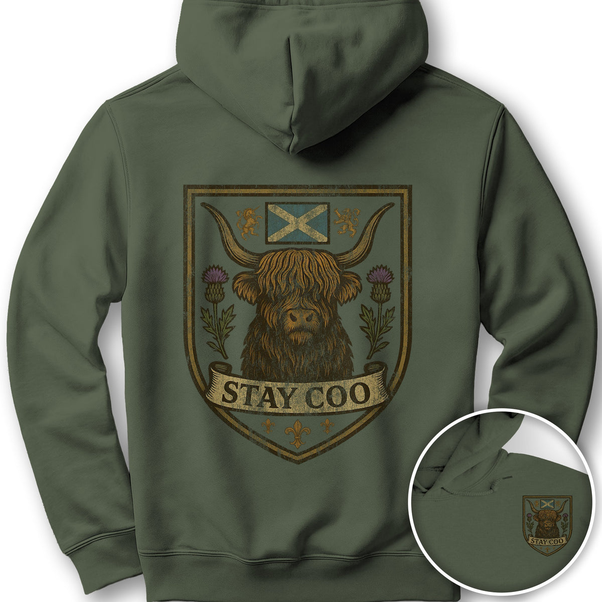 Highland Cow "Scottish Heraldry" Front/Back Print Hoodie - Military Green