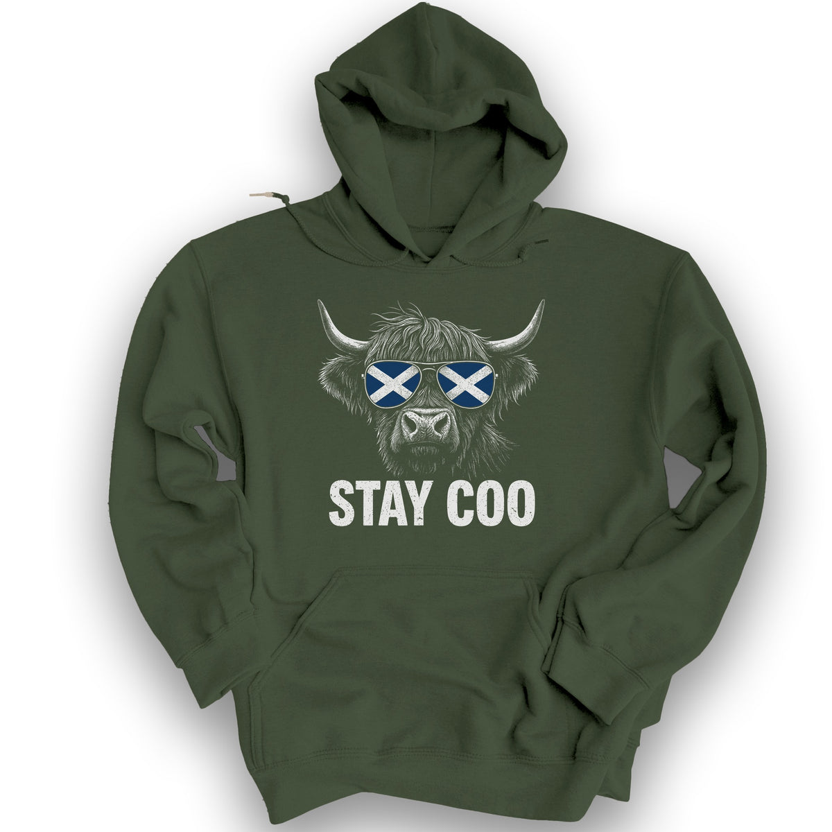 Stay Coo Highland Cow "Sunglasses" Hoodie - Military Green