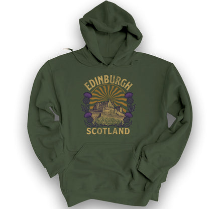Edinburgh Scotland Retro Sunburst Hoodie - Military Green