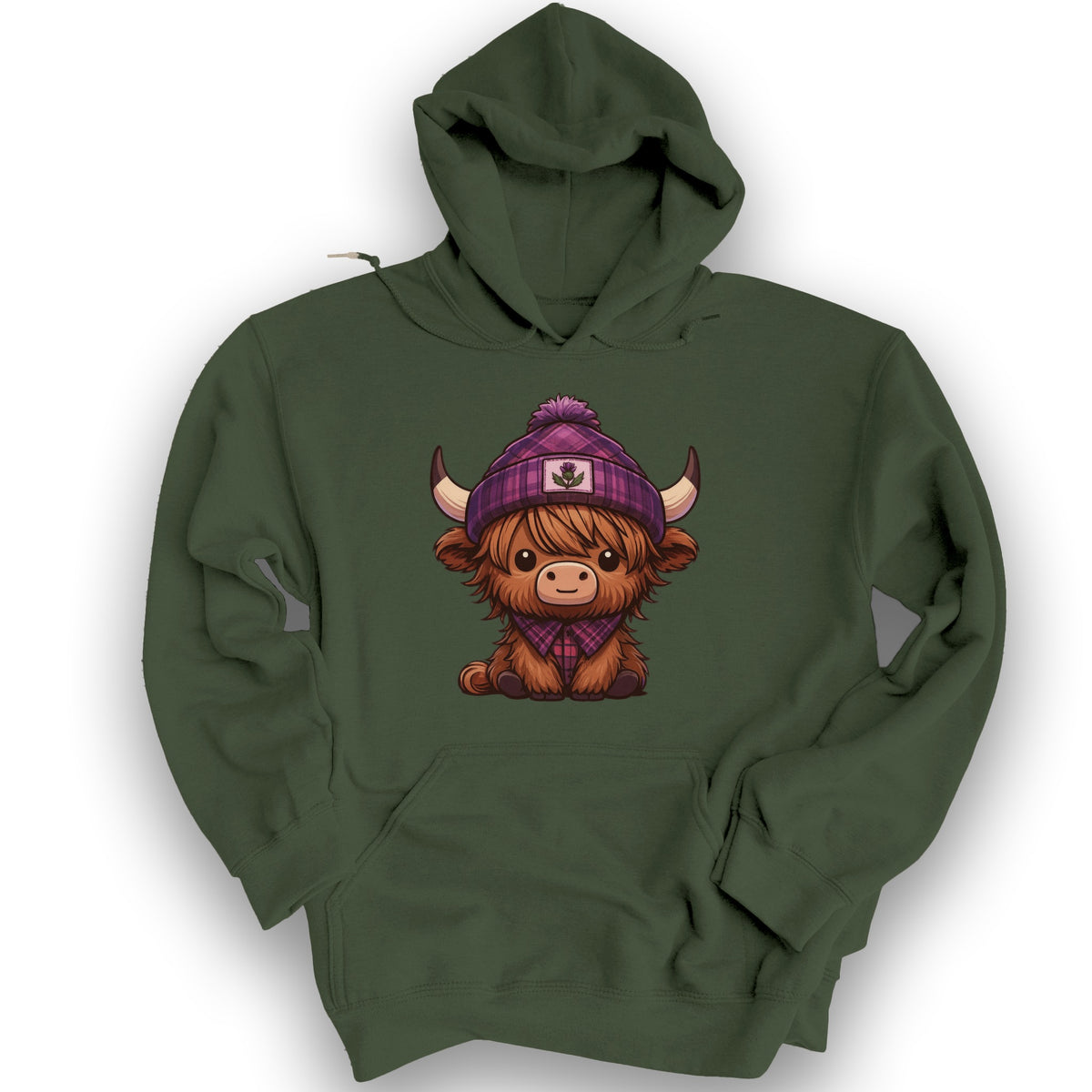 Tartan Highland Cow Hoodie - Military Green