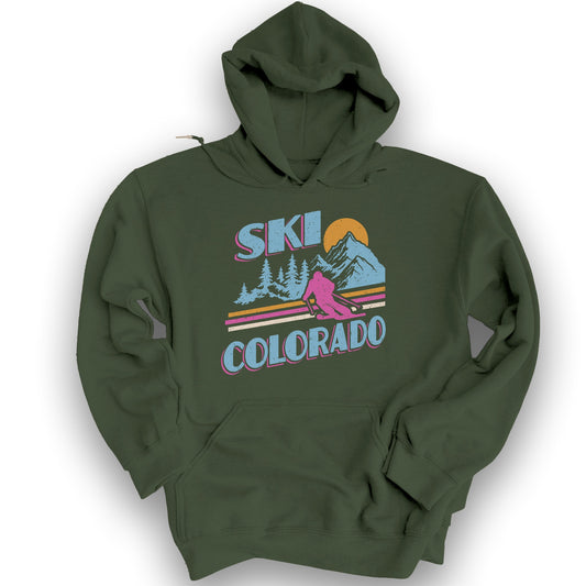 Ski Colorado Retro 80's Hoodie - Military Green
